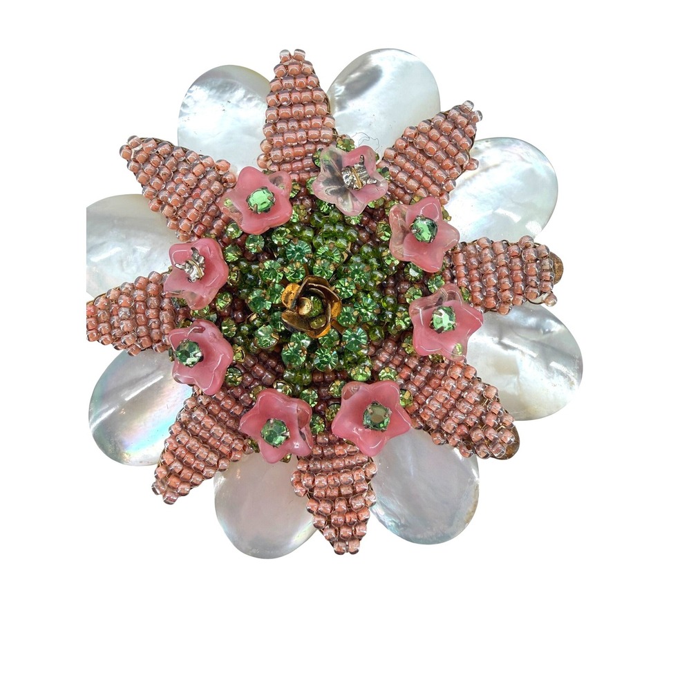 Stanley Hagler NYC Vintage Brooch Mother of Pearl Pink Bead Green Rhinestone Pin